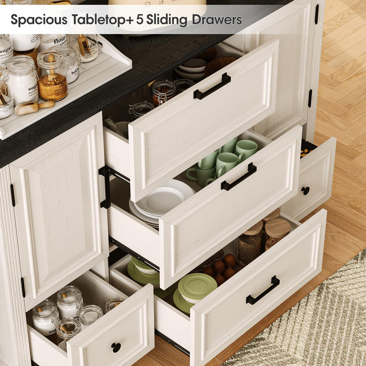 Maupvit Farmhouse 48" Buffet Cabinet with Storage,Coffee Bar Cabinet for Kitchen,Living Room,Wood Rustic Sideboard Cabinet w/5 Drawers&2 Grooved Doors,White Maupvit