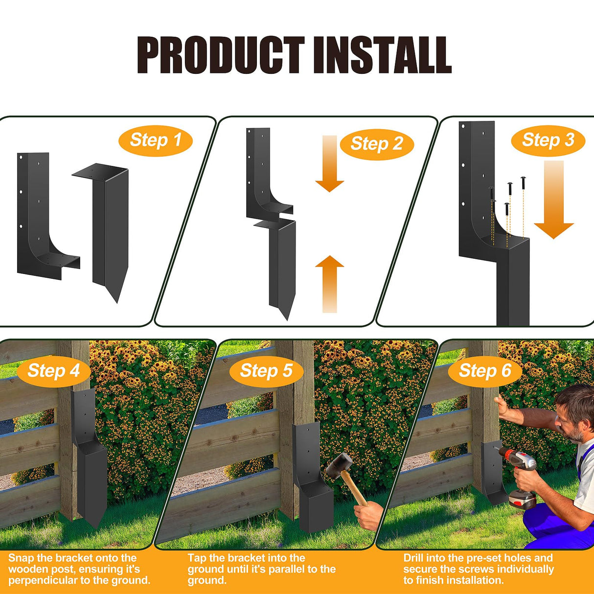 Codesteel Thickened Fence Post Repair Kit, 3.6"x3.6" Ground Spike Anchor, 2 Pack Heavy Duty Steel Repair Stakes for Wooden Posts Codesteel