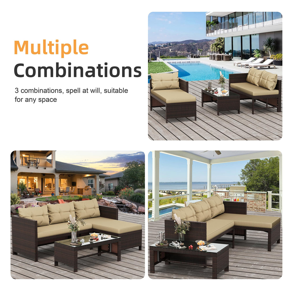 Shintenchi Outdoor Patio Furniture Sets, Wicker Patio sectional Sets 3-Piece, All Weather Wicker Rattan Patio Seating Sofas with Glass Coffee Table and Cushion (Beige) Shintenchi