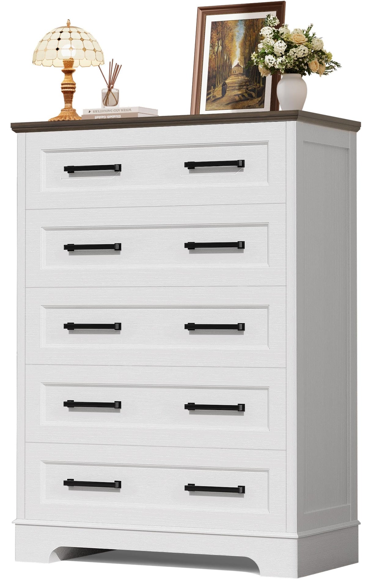 YESHOMY Tall Dresser for Bedroom,Farmhouse 5 Drawers Dresser, Chest of Drawer Chest, Multi-Tier Clothing Storage Cabinet, White and Brown