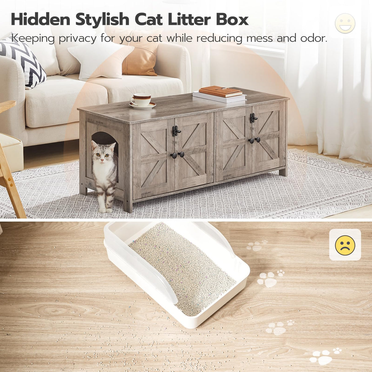 HOOBRO 47.2" Litter Box Enclosure for 2 Cats, Hidden Litter Box Furniture with Double Rooms, Wooden Cat Litter Box Enclosure, Dual Litter Box Design, Large Cat House for 2 Cats, Greige BG32MW01 HOOBRO