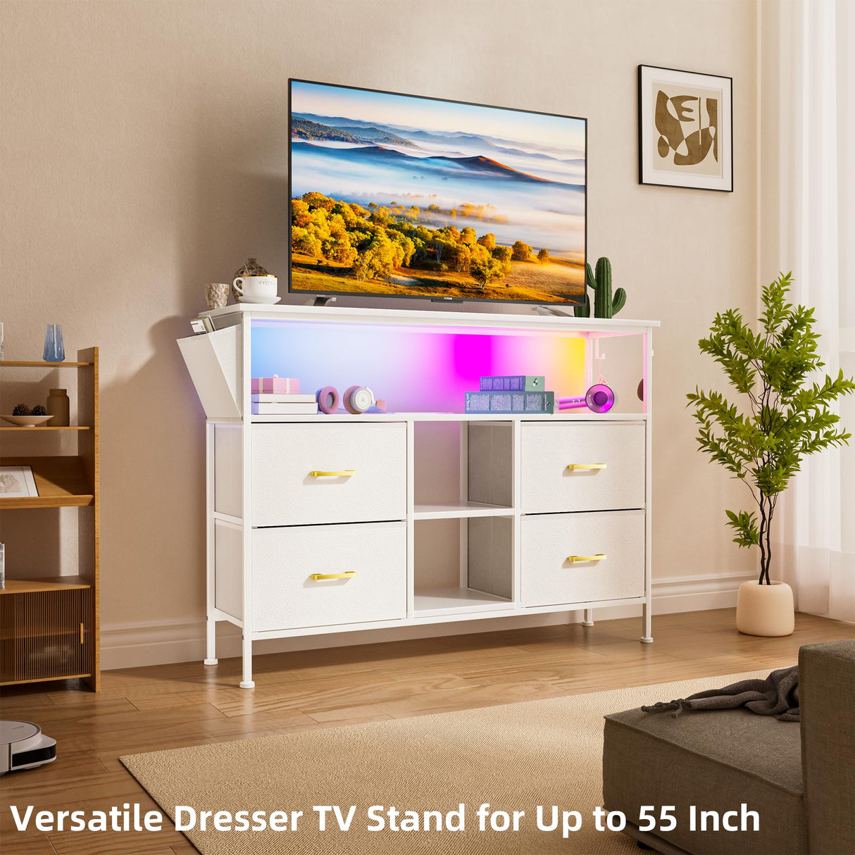 YILQQPER LED TV Stand with Power Outlet for Living Room, TV Media Console for TVs 50 Inch, Modern Dresser TV Stand with 4 Fabric Drawers & Shelves, Media Entertainment Center for Bedroom, White YILQQPER