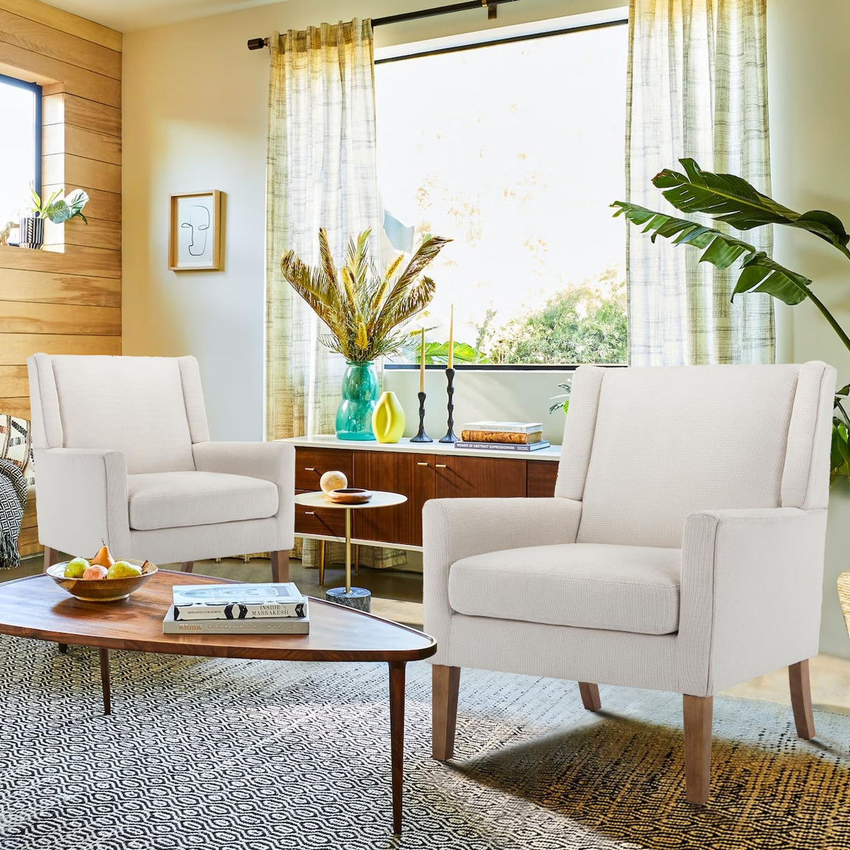 COLAMY Modern Wingback Living Room Chair, Upholstered Fabric Accent Armchair, Single Sofa Chair with Lounge Seat and Wood Legs for Office/Bedroom/Reading Spaces, Beige COLAMY