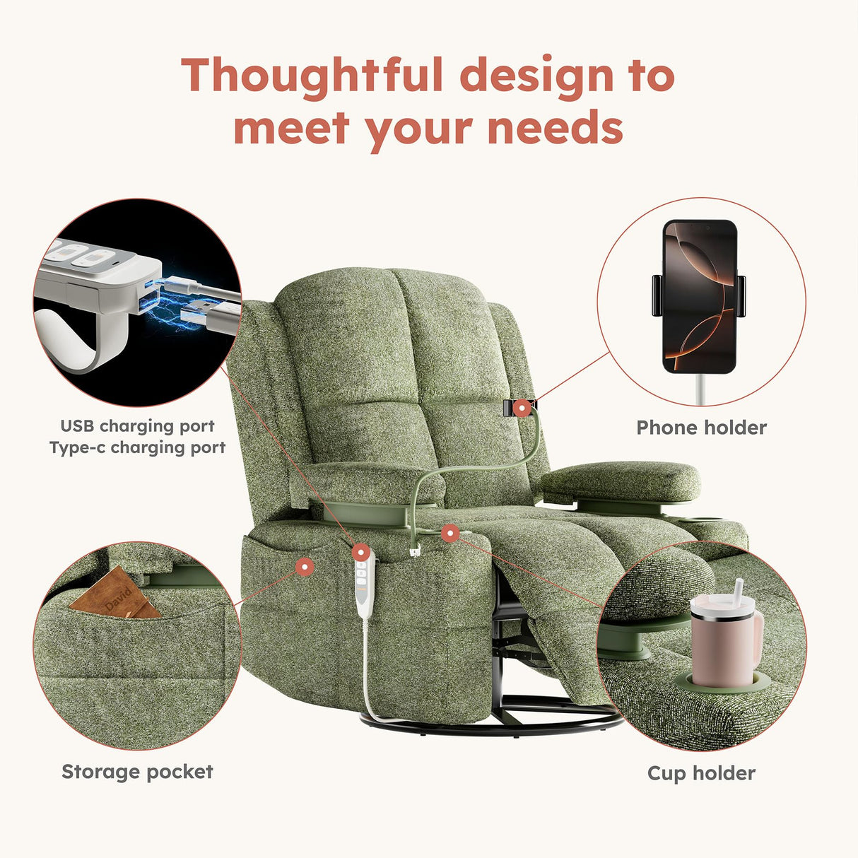 MAMAZING Triple Motor Power Swivel Rocker Recliner Chair with Adjustable Armrests for Adults Elderly, FSC Certified Faux Leather Rocking Chair Nursery for Breastfeeding(Green) MAMAZING