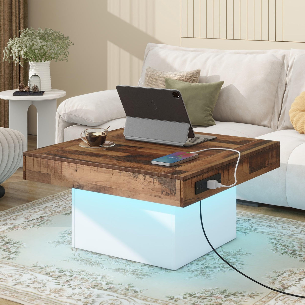 Vinsetto Farmhouse Wood Coffee Table with 2 USB Ports and Outlets, LED Light, Anti-Slip Foot Pads, Spliced Wood Grain, 31.5" L x 31.5" W x 16.5" H, White Vinsetto