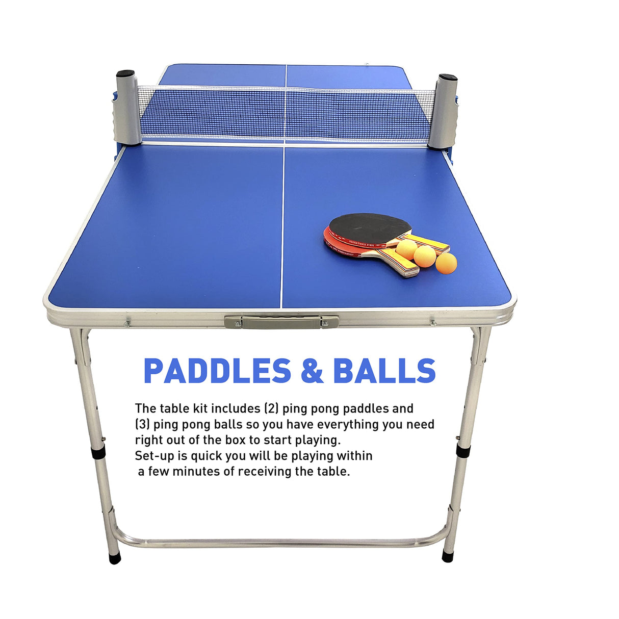 EasyGo Product Ping Pong Table Tennis Space Saving & Easy Storage Includes (2) Regulation Paddles (3) Balls and (1) Easy Clamp Net Table Size 5 Foot X 2.5 Foot Legs 24β-28β Tall - Blue 5ft EasyGo Product