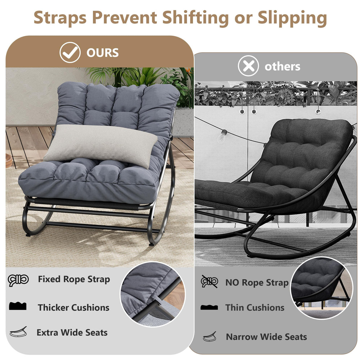 Rocking Papasan Chairs, Outdoor Lounge Chairs with Comfy Cushions, Sturdy Metal Frame, Reading Chairs for Adults, Padded Seat for Patio, Garden, Nursery, Living Room GarveeLife