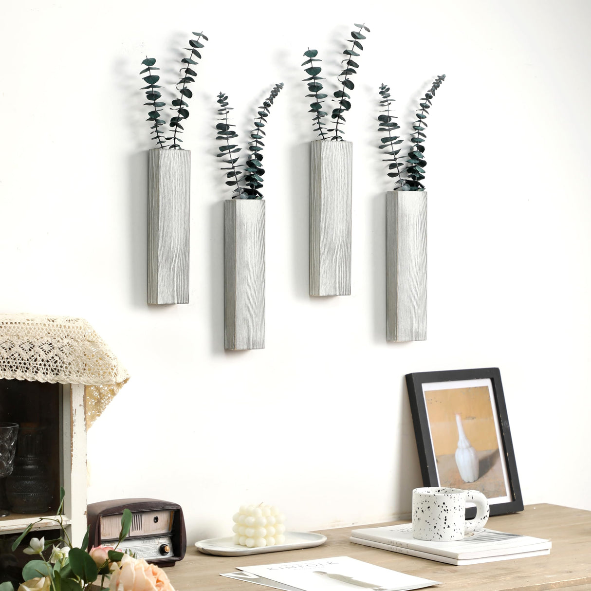 Wood Wall Planter 4 Pack Wall Decor for Artificial Flower Plants Wooden Plants Holders Wall Plant Pocket Vase Hanging for Living Room Bedroom Dining Room Bathroom Indoor Decroation (Light Grey) Rmeosye