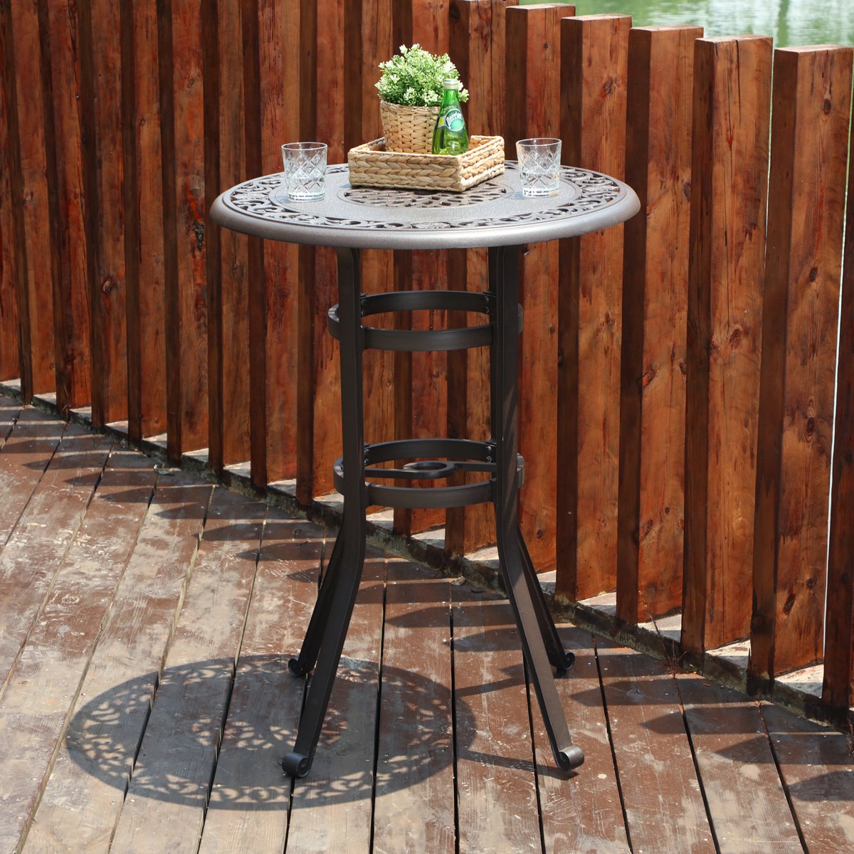 PHI VILLA 32" Cast Aluminum Patio Bar Table, 41" Height High Top Outdoor Table, Pub Height Bistro Round Table for Paito Lawn Garden, Brown PHI VILLA