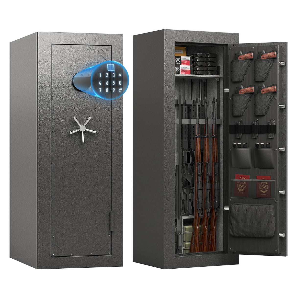 KAER Fireproof 16-20 Gun Safe Cabinet 1400°F / 45 Minutes Backlit Electronic Lock with 5 Active Bolts + 2 Deadbolts 90-180° External Hinges Interior Door Storage | Rotary Handle for Home (Grey) KAER