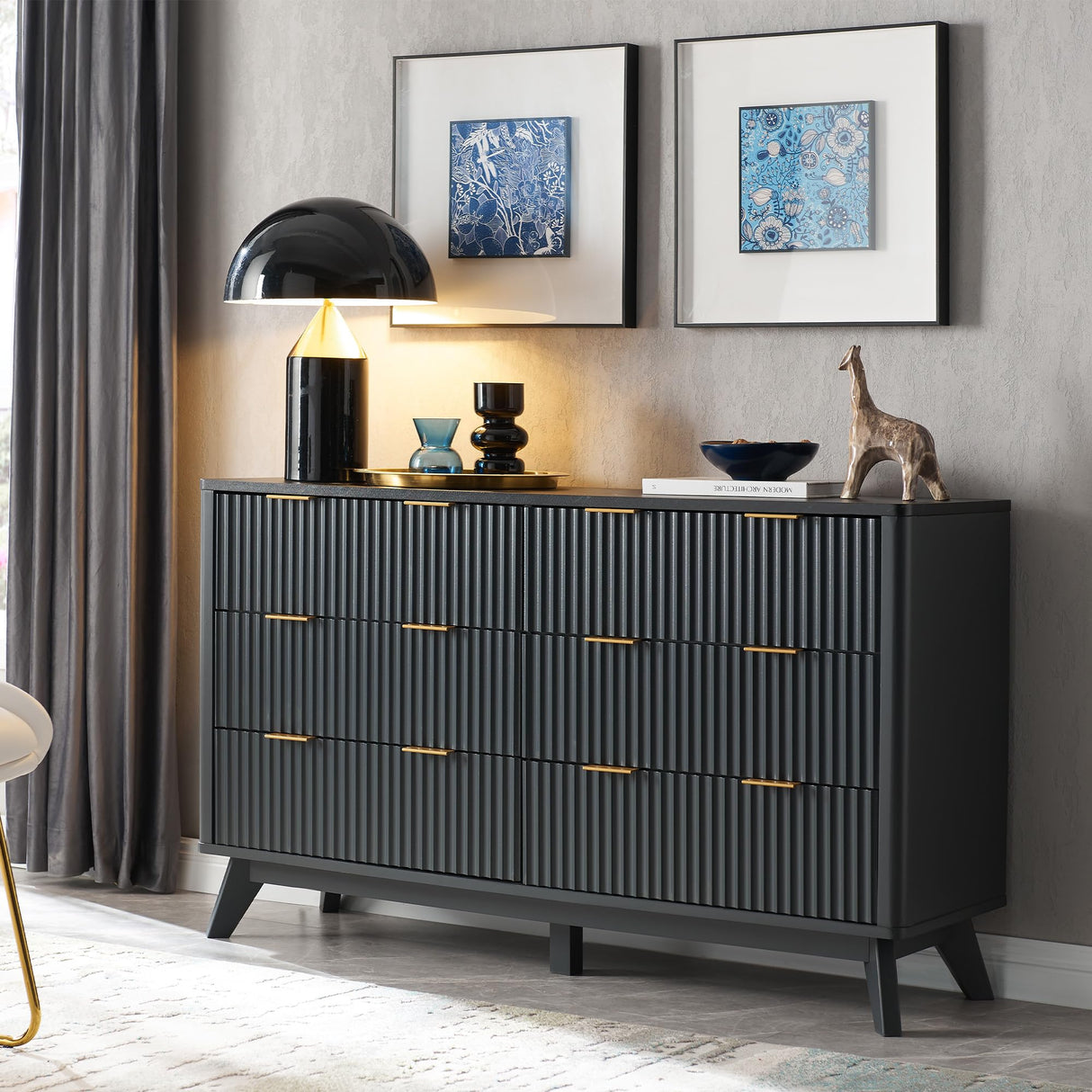 T4TREAM Fluted 6 Drawers Dresser, 54" Wide Modern Chest of Drawers with Faux Marble Top, Curved Profile Design, Dresser TV Stand, Wood Drawer Organizer for Bedroom, Living Room, Hallway, Dark Grey T4TREAM