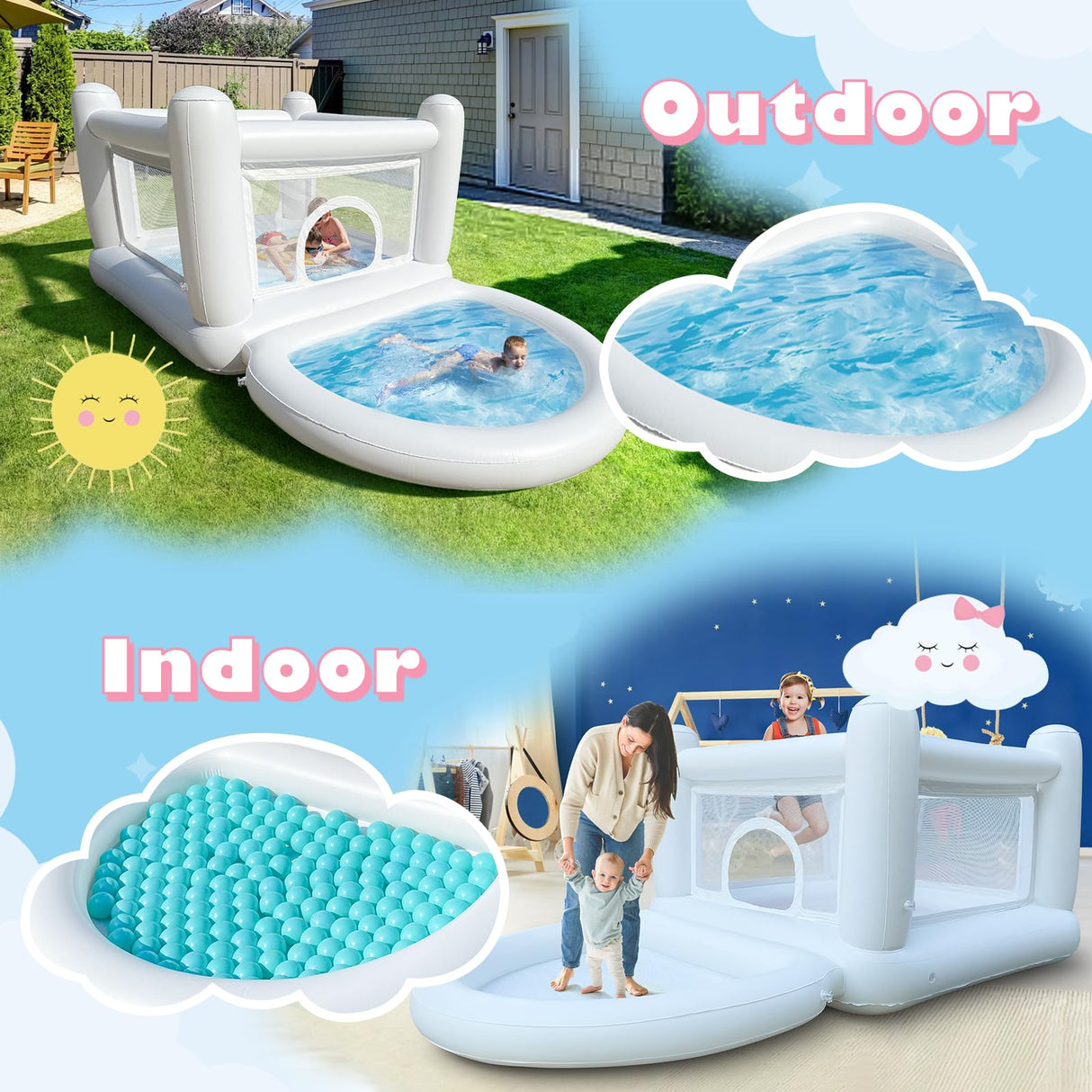 White Bounce House, Bounce House for Kids 3-6 with Ball Pit Pool, Toddler Mini Bounce House, Indoor Outdoor Inflatable Bounce House for Kids and Adults (Without Blower) CHUNNIAN