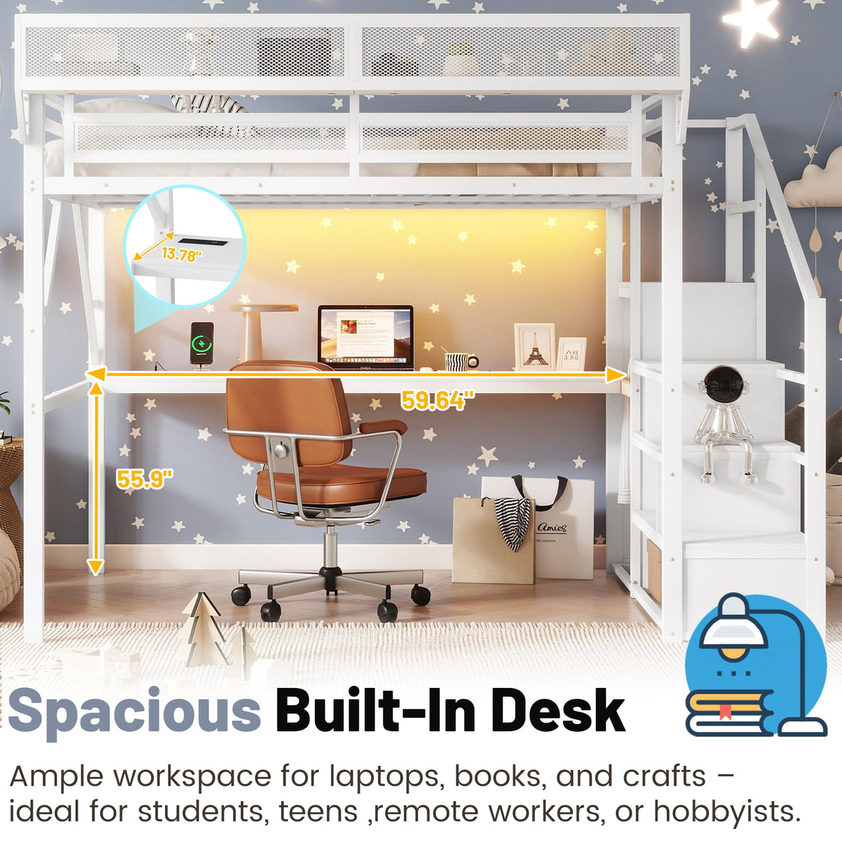 MoproBeti Queen Loft Bed with Desk and Stairs, Metal Lofts Bed Queen Size with Upper Storage Shelf, Gaming LoftBed with LED, Charging Station and Wardrobe for Teens, Adults,White MoproBeti