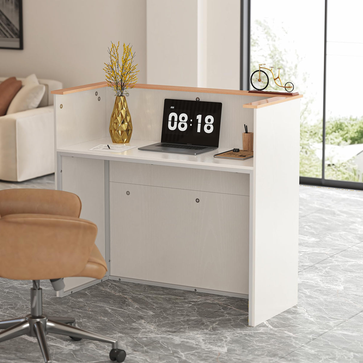 LIKEMET Reception Desk with Counter, Modern Front Reception Room Table, 47 inch Retail Counter for Checkout, Lobby, Beauty Salon, Home Office Desk, Black (White) LIKEMET