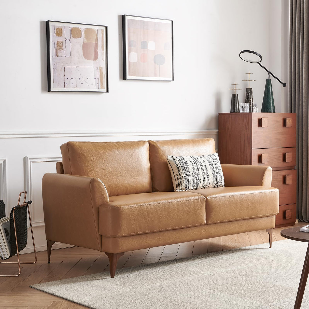 Atopston 63" Faux Leather Loveseat Sofa, Mid-Century Modern Decor 2 Seater Love Seat Couches, Comfy Armrest Small Couch with Wood Grain Legs for Living Room Apartment, Tan Leather Atopston