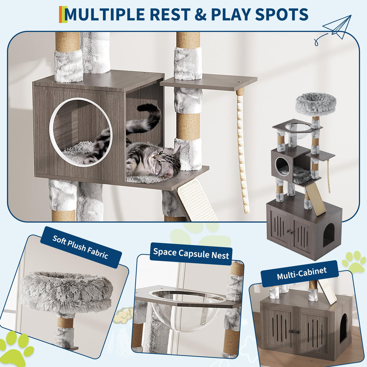 Cat Tree with Litter Box Enclosure, 2-in-1 Cat Tower, 66.9-Inch Tall Cat Condo with Scratching Posts, Perch (Grey) GarveeLife