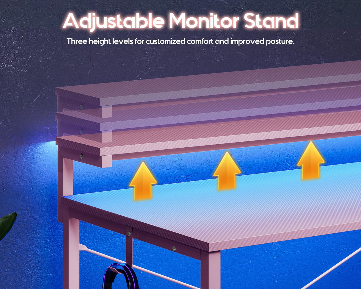 MOTPK Pink Gaming Desk with Led Lights & Power Outlet, 47 Inch Gaming Computer Desk with Shelves, Reversible Gamer Desk Table with Adjustable Monitor Stand & Headphone Hook, Carbon Fiber Texture MOTPK
