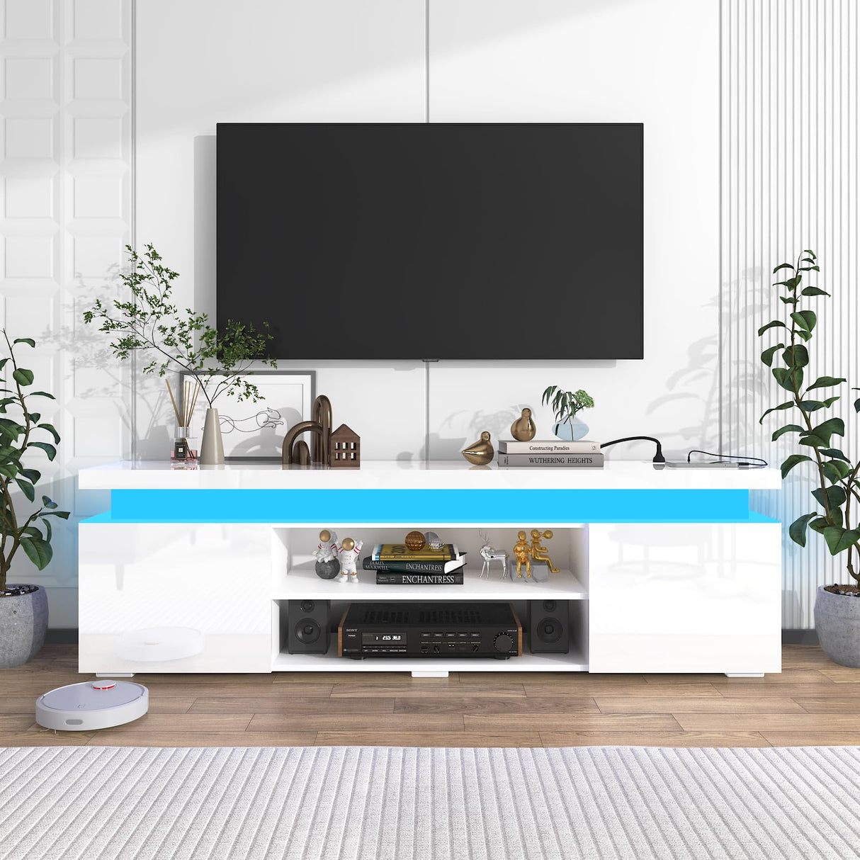 Hlivelood LED TV Stand for 75 Inch TV, Modern TV Stand with Power Outlet, High Gloss TV Console Entertainment Center with Storage and LED Lights for Living Room, Bedroom (66 Inch, White) Hlivelood