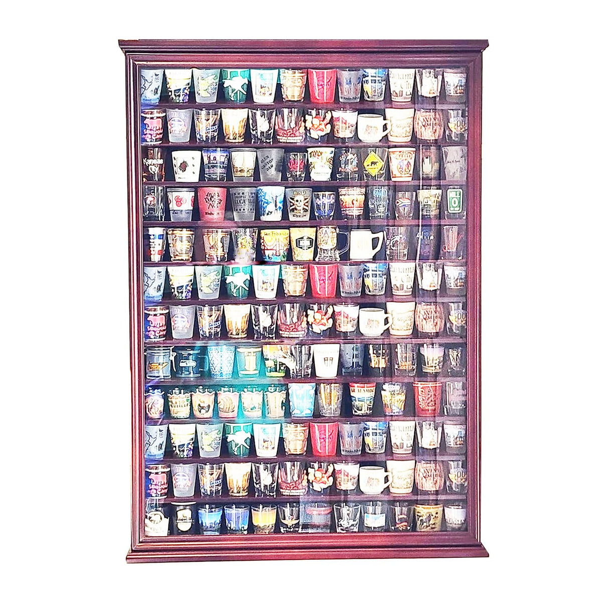 144 Shot Glass Display Case - Large Wall-Mounted Shadow Box with UV Protection, Perfect for Home Decor | Wall-Mounted Cabinet Curio Shadow Box for Action Figures Small Figurines Rack Lockable Door ARRAWIS