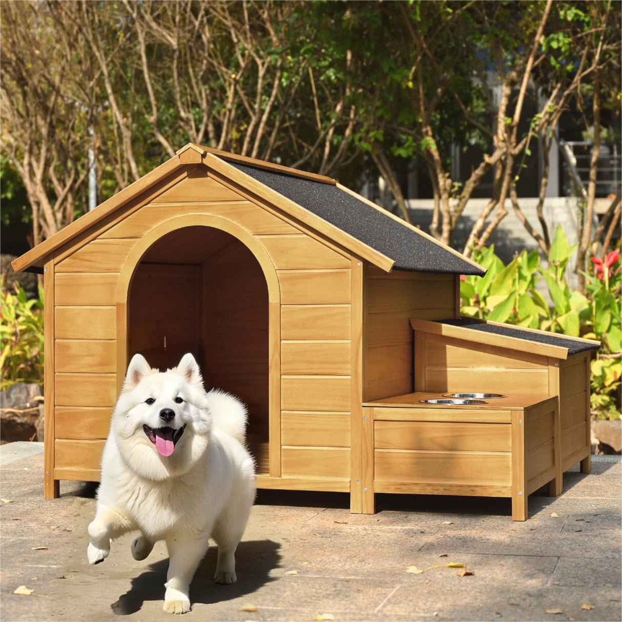 Large Dog House Outdoor, Wood Dog House with Feeding Bowls and Storage Box, Waterproof Roof Doghouse Suitable for Medium Large Dogs - 51.18" L x 43.7" W x 37" H Runave