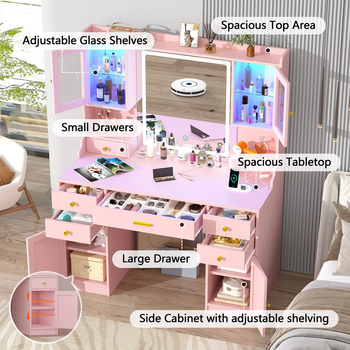 CSZZD Vanity Desk with LED Lighted Mirror, 41.3" Makeup Vanity Table with Power Outlet and Lots Storage, 6 Drawers and Storage Shelves for Bedroom, Dressing Table with RGB Cabinets, Pink CSZZD