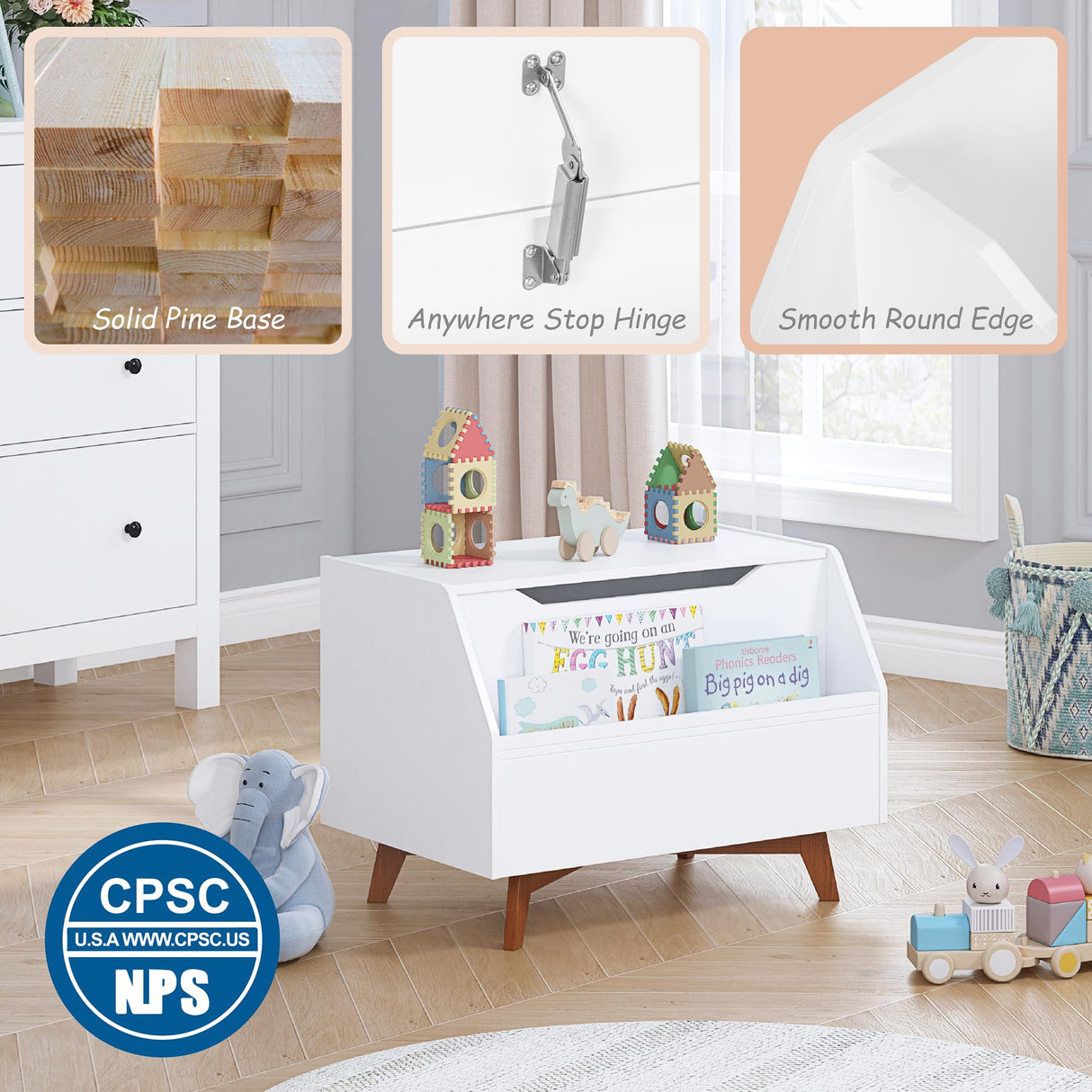 UTEX Kids Toy Box, Wooden Toy Chest, Kids Storage Organizer Bench with Front Book Storage Area for Boys and Girls, Children's Furniture, White UTEX