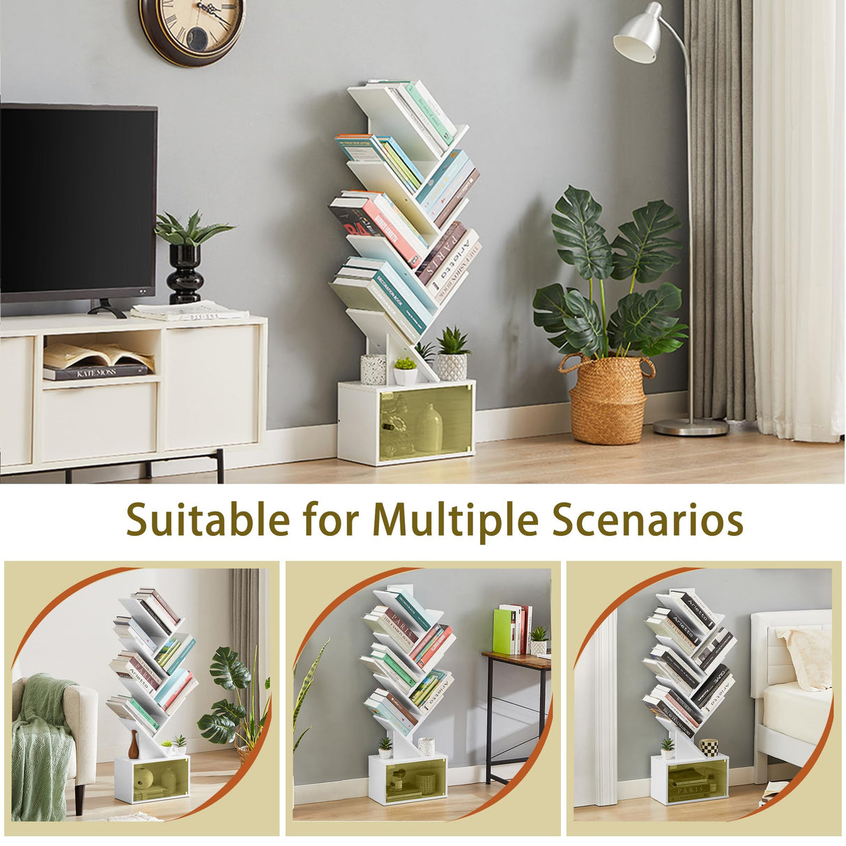 VECELO 7-Tier Tree Bookshelf with Drawer, Wooden Tree-Shaped Book Display Shelves for CDs/Magazines/Books, FreeStanding Geometric Bookcase Organizers for Home Office, Ivory White VECELO