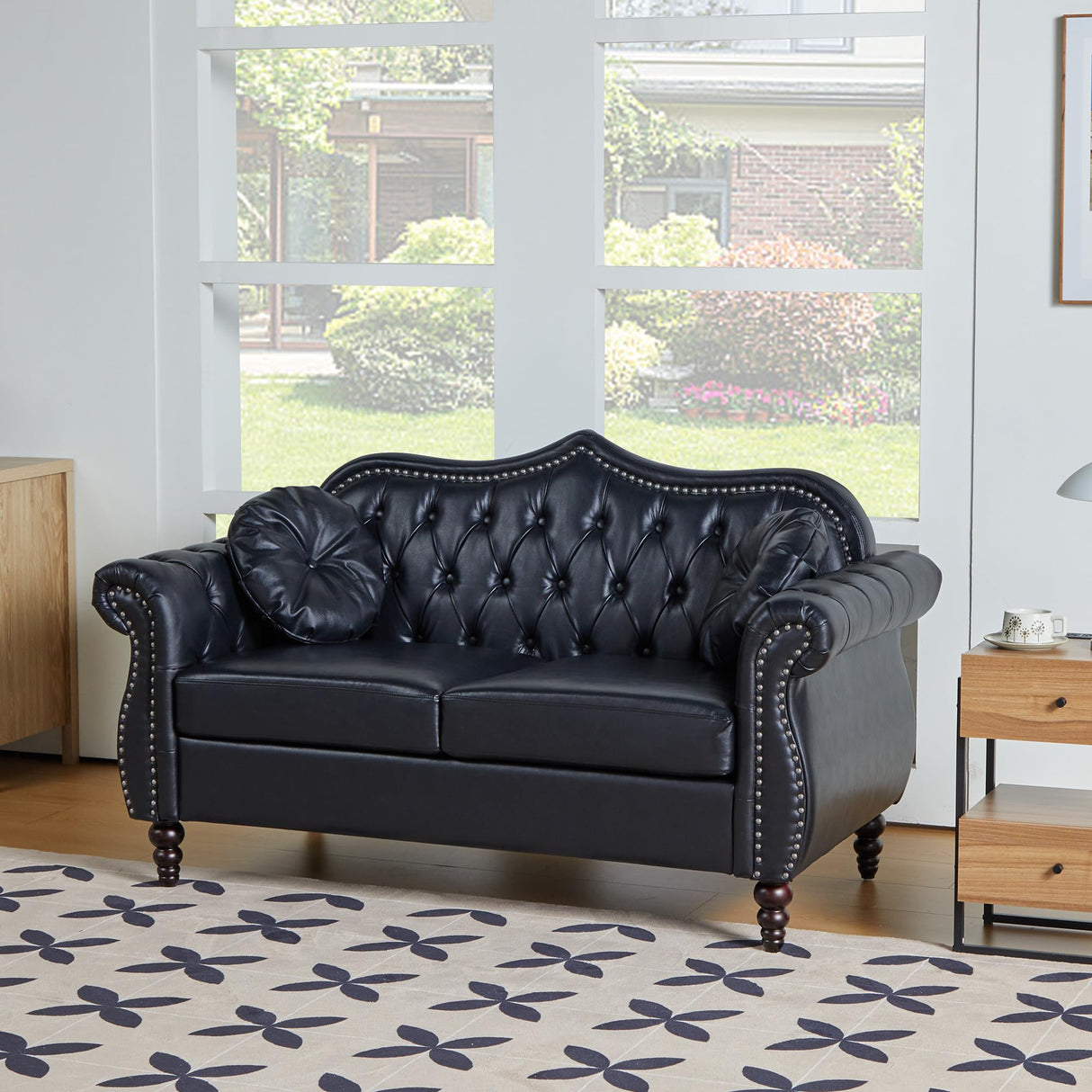 AVZEAR 60" Loveseat Sofa, Chesterfield Sofa, Mid-Century Modern PU Upholstered 2 Seater Sofa, Deep Button Tufted Living Room Sofa with Two Throw Pillows, Black AVZEAR