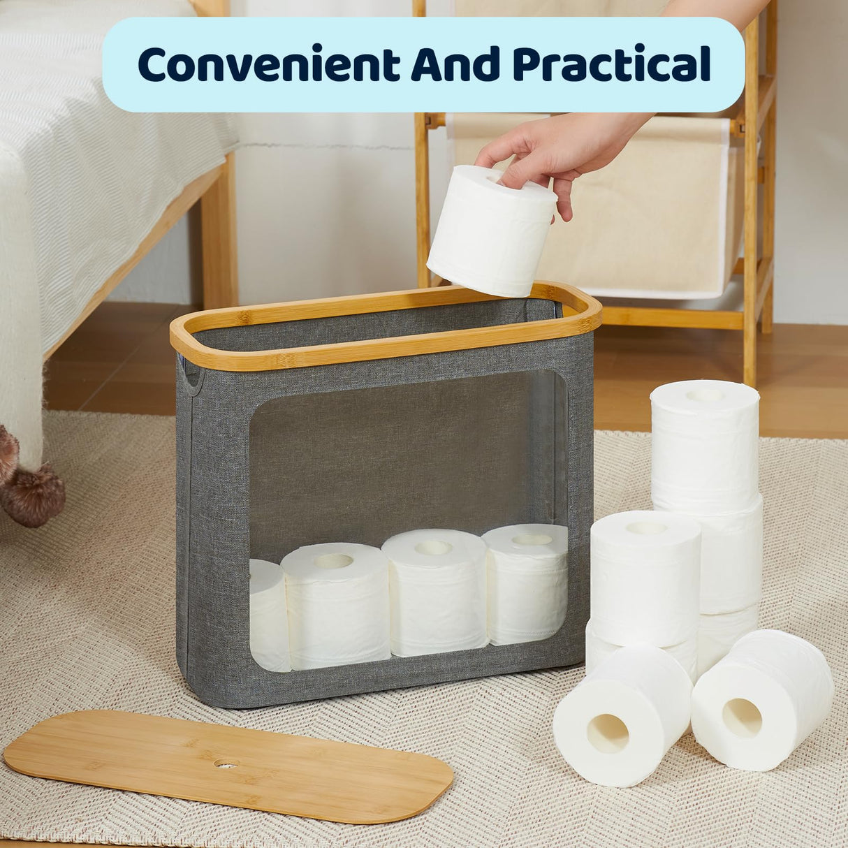 ROSOS Toilet Paper Basket, Toilet Paper Storage with Lid for 12 Rolls, Bathroom Storage Organizer with Bamboo Lid, Grey ROSOS