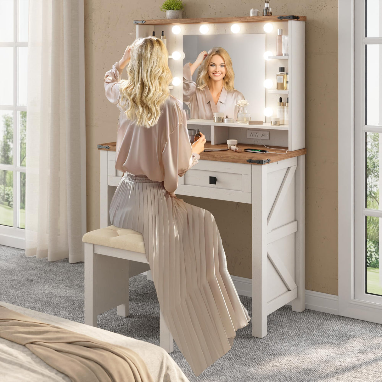 EnHomee Vanity Desk with Mirror and Lights 31.5" W Farmhouse Makeup Vanity Desk with Charging Station Vanity Table with 2 Drawers & Shelves 3 Color Modes Adjustable, Stool Not Included, Antique White EnHomee