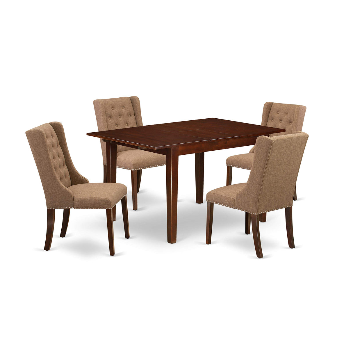 East West Furniture Milan 5 Piece Dinette Set Includes a Rectangle Dining Room Table with Butterfly Leaf and 4 Light Sable Linen Fabric Upholstered Chairs, 36x54 Inch, MLFO5-MAH-47 East West Furniture