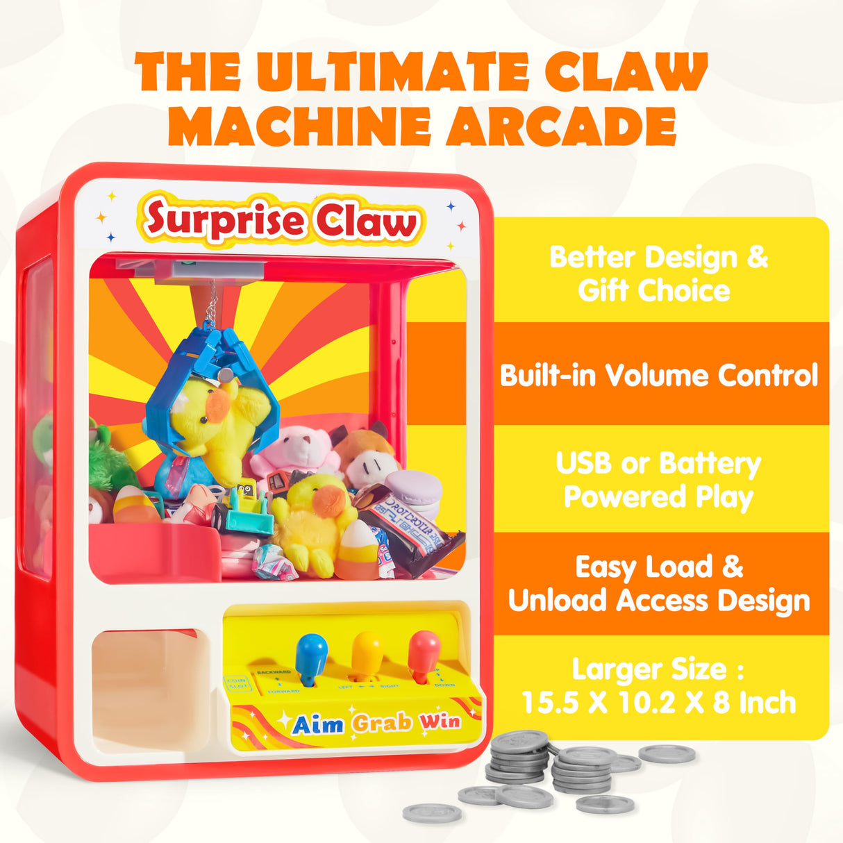 JOYIN Claw Machine Arcade Toy with LED Light & Adjustable Sound, Rechargable Dispenser Toys Mini Vending Machine for Kids - Perfect Christmas & Birthday Big Gifts for Kids, Ages 3+ JOYIN
