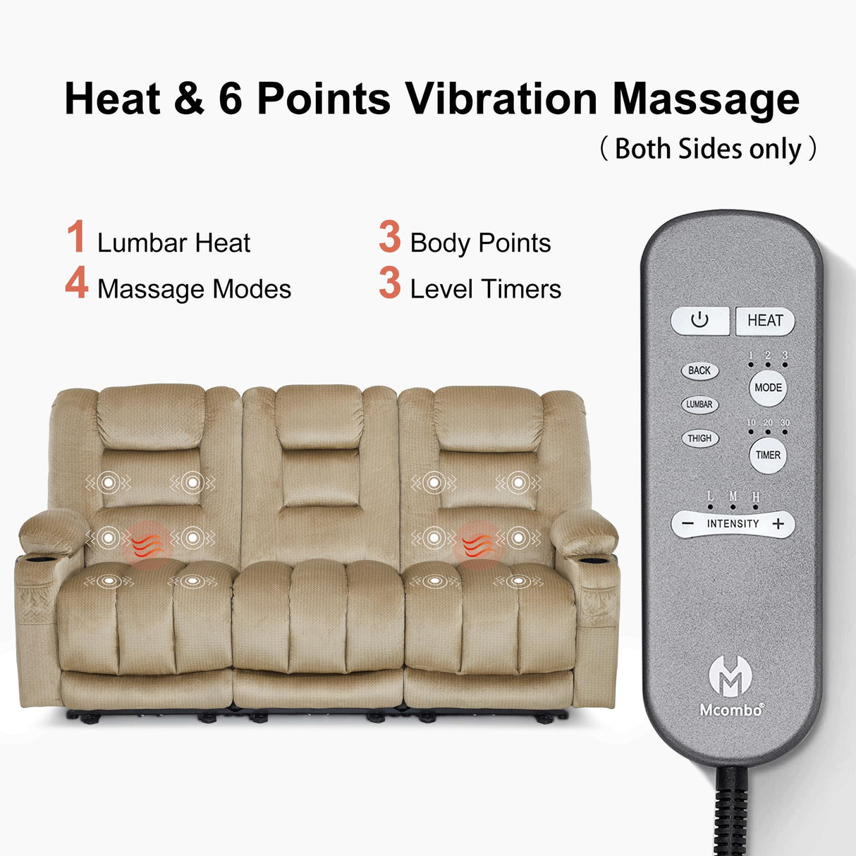 MCombo Zero Gravity Power Reclining Sofa with Heat and Vibration Massage, 3 Seater Reclining Couch with USB Ports, Cup Holders for Living Room, Fabric PR648SET (Beige) MCombo