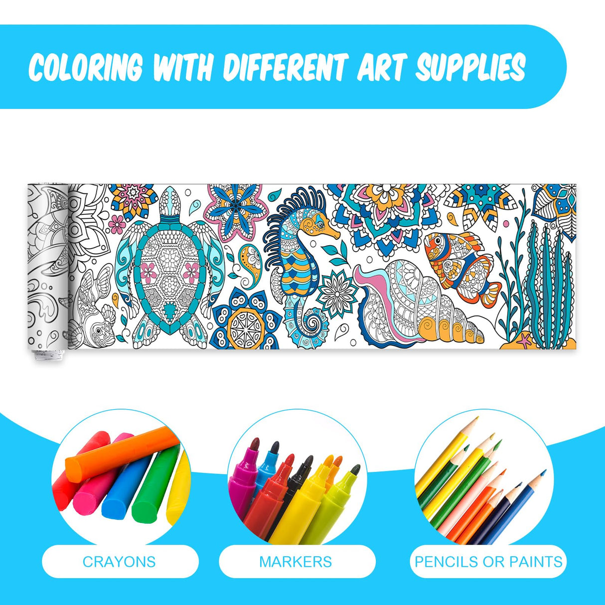 Pasimy 3 Pieces Giant Coloring Posters 11.8 x 118 Inch Mandala Animals Jumbo DIY Drawing Paper Large Coloring Sheets Pages Huge Mandala Drawing Banner for Adult Kids Home Classroom Craft Art Activity Pasimy