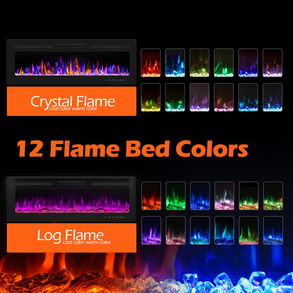 BETELNUT 50" Electric Fireplace Wall Mounted and Recessed with Remote Control, 750/1500W Ultra-Thin Wall Fireplace Heater W/Timer Adjustable Flame Color and Brightness, Log Set & Crystal Options BETELNUT