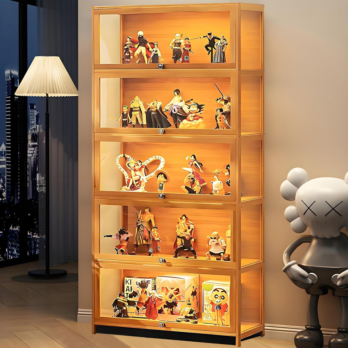 idhhco 5-Tier Display Cabinet with Acrylic Doors, 67” Transparent Bamboo Curio Display Case for Figures, Display Shelves for Collectibles & Kids Bookcase for Home, Office, Playroom, Living Room idhhco