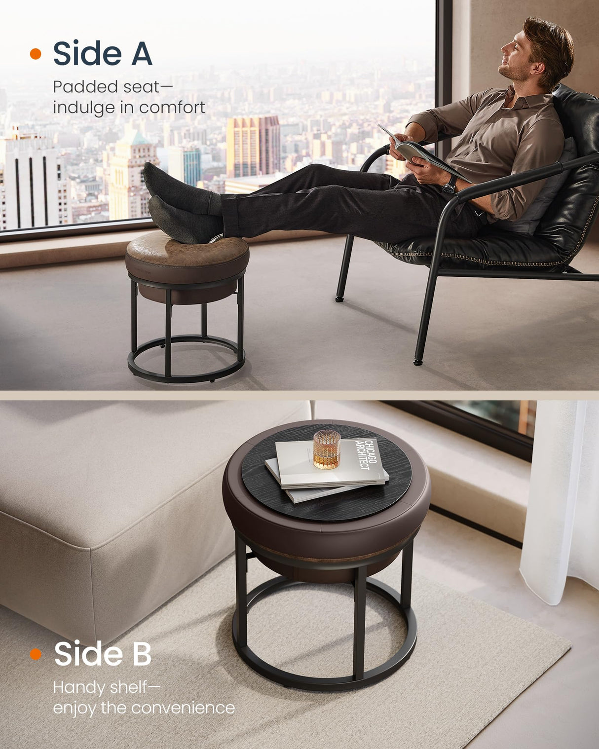 SONGMICS HOME LUIZ Collection - Ottoman Footstool, Round Ottoman, Vanity Chair Stool, Footrest, Reversible Top, Side Table, Max. Load 660 lb, Bedroom Living Room Entryway, Walnut Brown ULOM080K01 SONGMICS HOME
