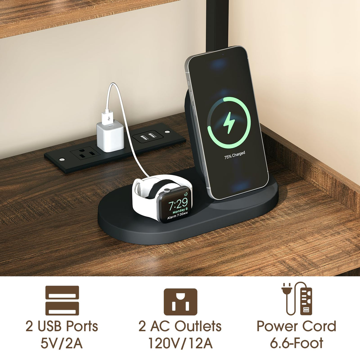 JOINICE 5-Tier Ladder Bookshelf with Cabinet,Mid Century Modern Bookshelf with Adjustable Shelf,Tall Bookshelf with Charging Station,Wood and Metal Display Rack for Living Room,Bedroom,Office,Walnut JOINICE