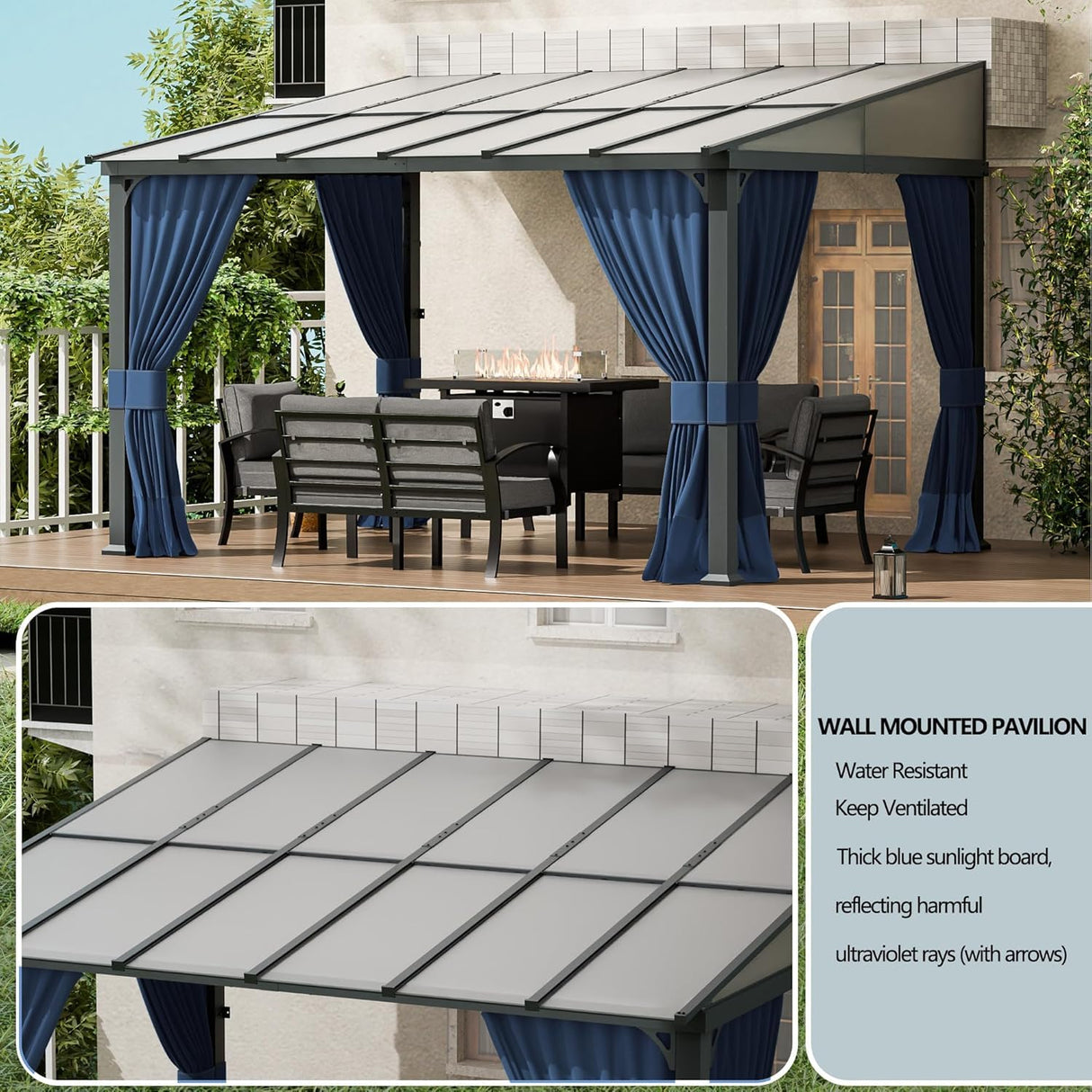 ASJMR Outdoor Lean to Gazebo 10x28FT, Hardtop Wall Mounted Gazebo with Sloping Sun Panel Roof, Awnings for Patio with Metal Frame, Double Curtains for Garden, Lawn, Backyard Deck ASJMR