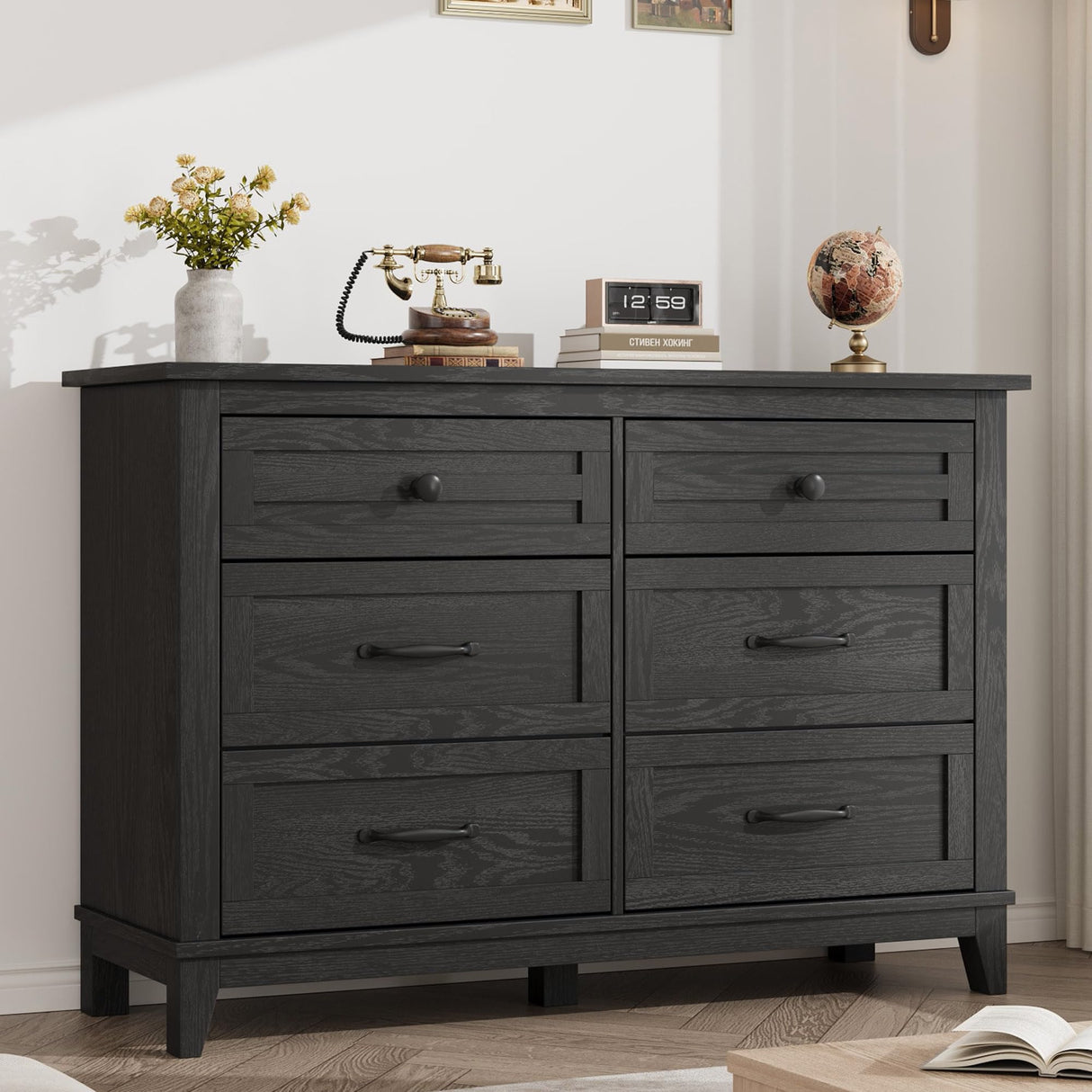 GarveeHome 6 Dresser for Bedroom, 47 in Wide Drawer Dresser with Storage Freestanding, Wooden Closet Storage Chest for Living Room, Bedroom, Entryway, Black GarveeHome