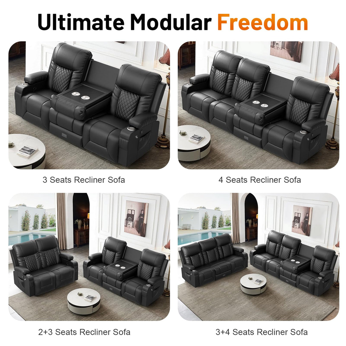 FURNIMAT Recliner Sofa, Modern Dual Reclining Sofa with Flip Back Console, 4 Seater PU Leather Recliner Couch for Living Room/RV, with Storage Drawer, USB Ports, Cup Holder, Cell Phone Holder, Black FURNIMAT