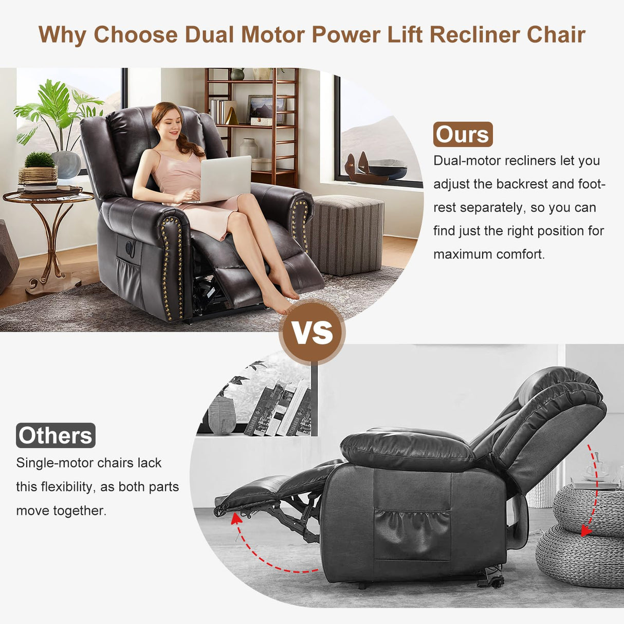 SELLERWE Lay Flat Dual Motor Power Lift Recliner Chair with Massage and Heat for Elderly, Breathable Leather Overstuffed Recliner Chairs, Infinite Position Lift Chairs for Sleeping,1PC,Brown SELLERWE
