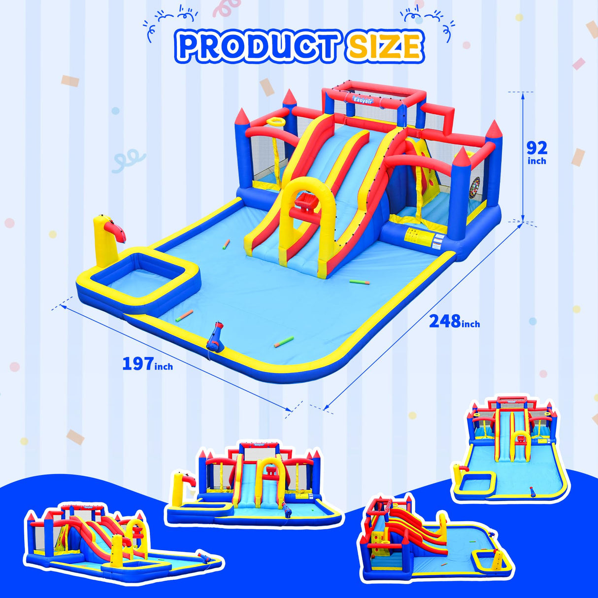 Easyair Deluxe Large Inflatable Water Slide for Big Kids, 20.5 ft L x 16.4 ft W x 7.6 ft H Water Bounce House, Outdoor Blow Up Pool, Climbing Wall, Basketball Hoop, Throw Ball Game, with 950W Blower EASYAIR