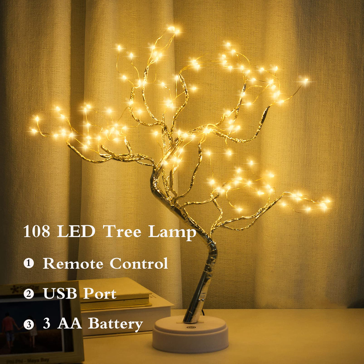 PXBNIUYA 108 LED Sparkly Fairy Tree Lamp, Warm White, Remote Control, USB/Battery, 8 Modes, DIY Bonsai Decor, Festival Decoration Light PXBNIUYA