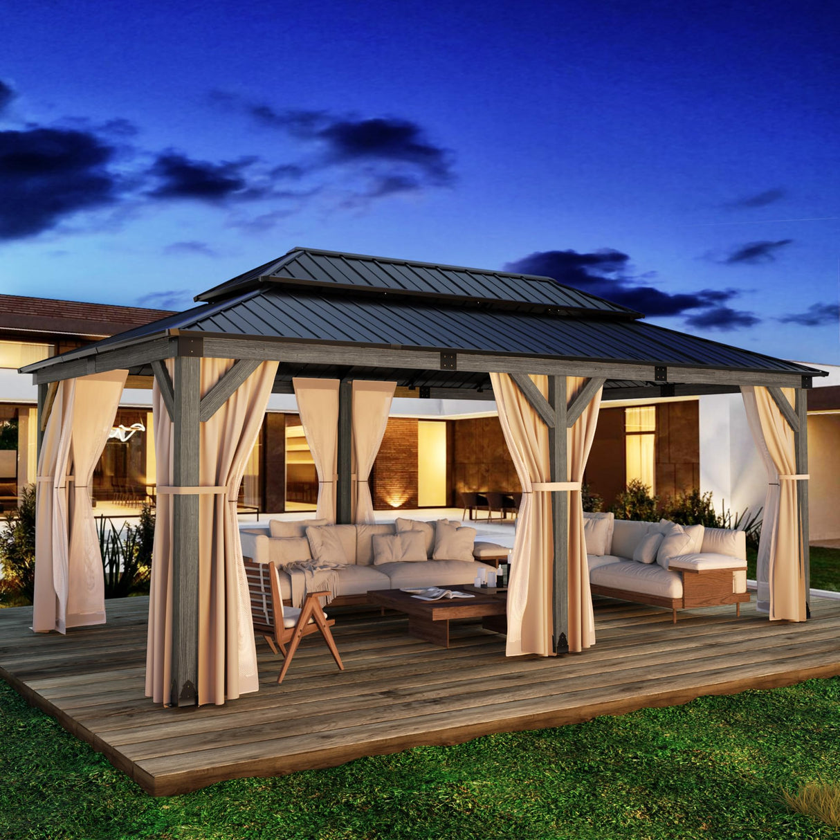 HOMPUS 12x20 FT Hardtop Wood Gazebo, Cedar Wood Frame Gazebo with Double Metal Roof, Outdoor Gazebo with Netting & Curtains, Wooden Gazebos Pavilion for Backyard, Garden, Deck, Gray HOMPUS