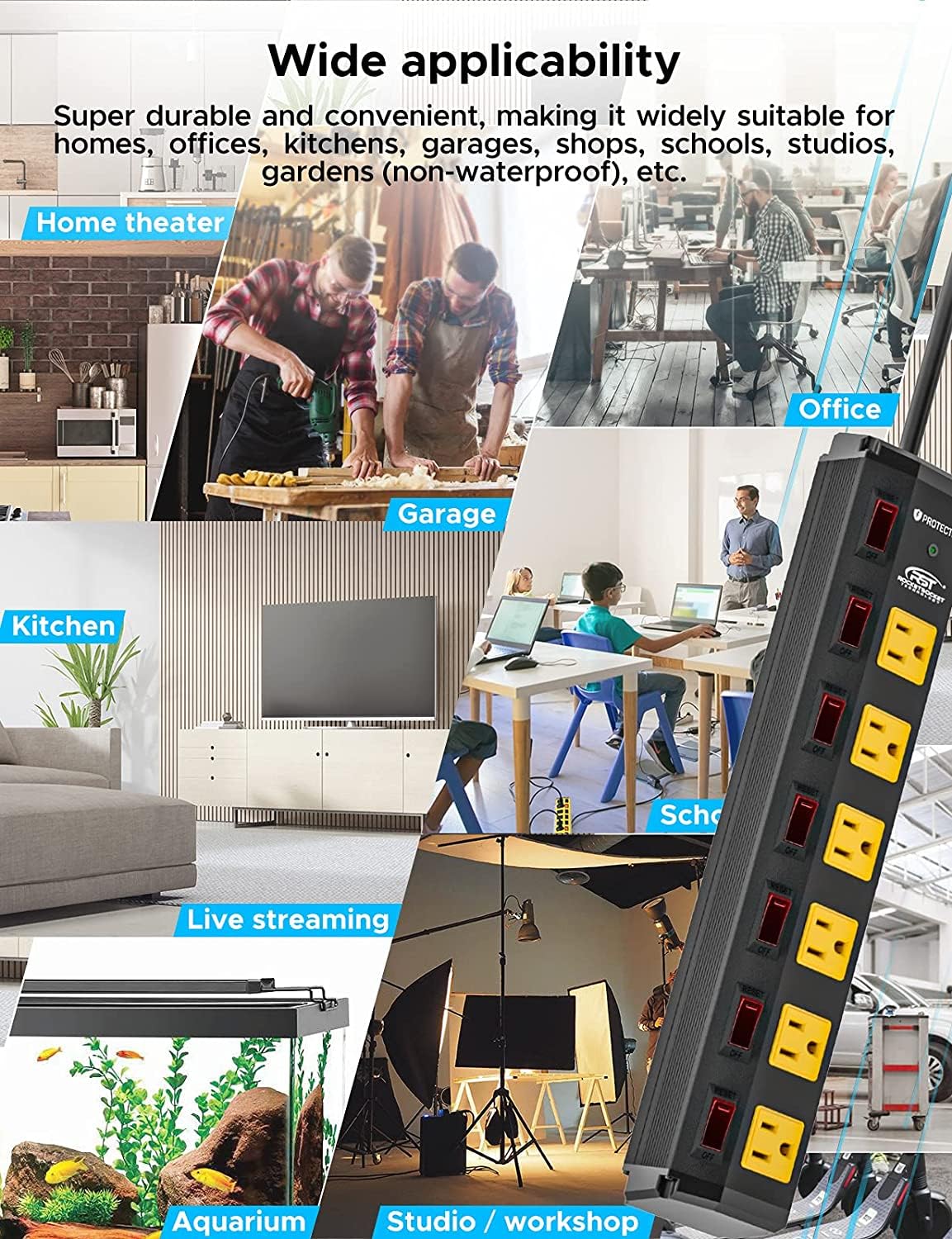 CRST 6 Outlet Metal Heavy Duty Power Strip with Individual Switches, 6FT Wide Spaced Garage Power Strip, Mountable Power Strip Surge Protector (1200 Joules), 15amp/1875W, 14AWG SJT Power Cord CRST