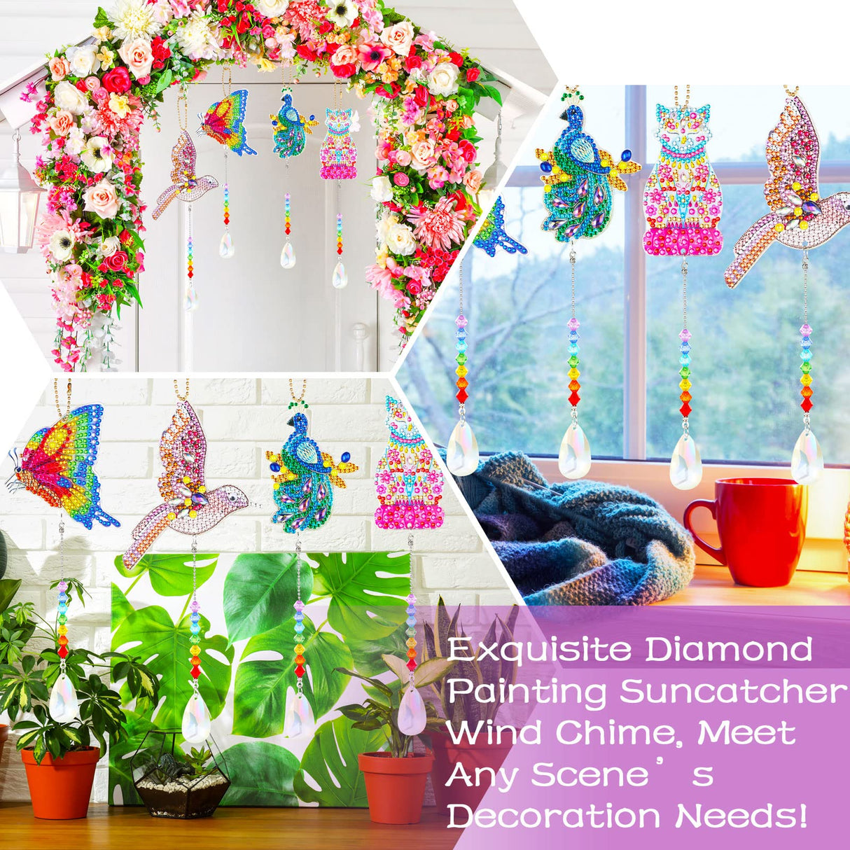 Queekay 4 Pieces Diamond Painting Sun Catcher Tree Ornament DIY Wind Chime Kit Hanging Double Sided Hummingbird Butterfly Cat Peacock Shape Crystal Art Ornament forGarden Decoration Queekay