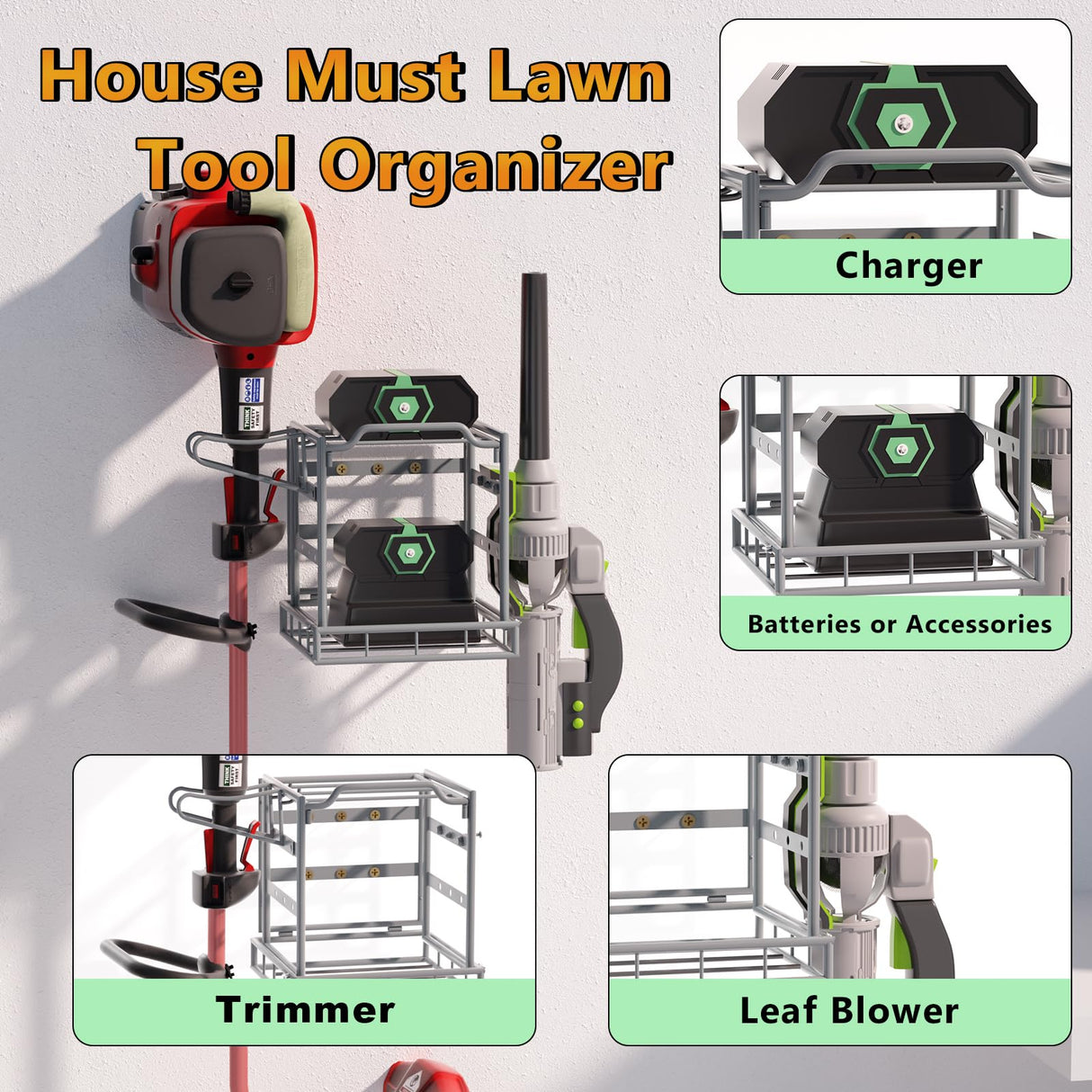 Power Tool Organizer Wall Mount, Lawn Tool Storage Rack for Leaf Blower, Weed Eater, Battery, Charger - Yard Tool Storage Organizer with Storage Hook for Hanging Basement Garage Trimmer/Tool(Gray) Jolensoy