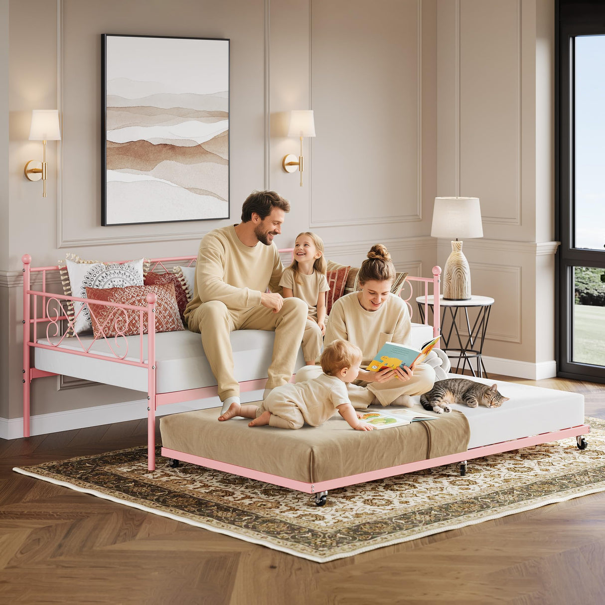 GarveeHome Twin Metal Daybed with Trundle, Premium Steel Slat Support, Space Saving Trundle Sofa Bed for Living Room, Bedroom and Guest Room, Pink GarveeHome