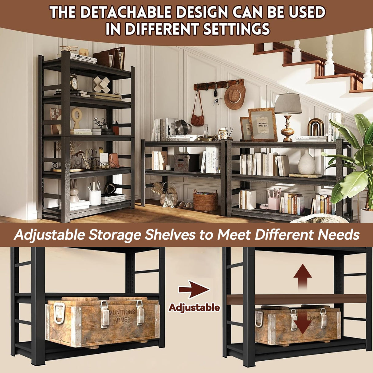 BEESTMUEBLE Metal Book Shelf, Industrial Bookcase, 5 Tiers Adjustable Shelving Unit and Storage, Heavy Duty Sturdy Bookshelf for Living Room, Bedroom BEESTMUEBLE